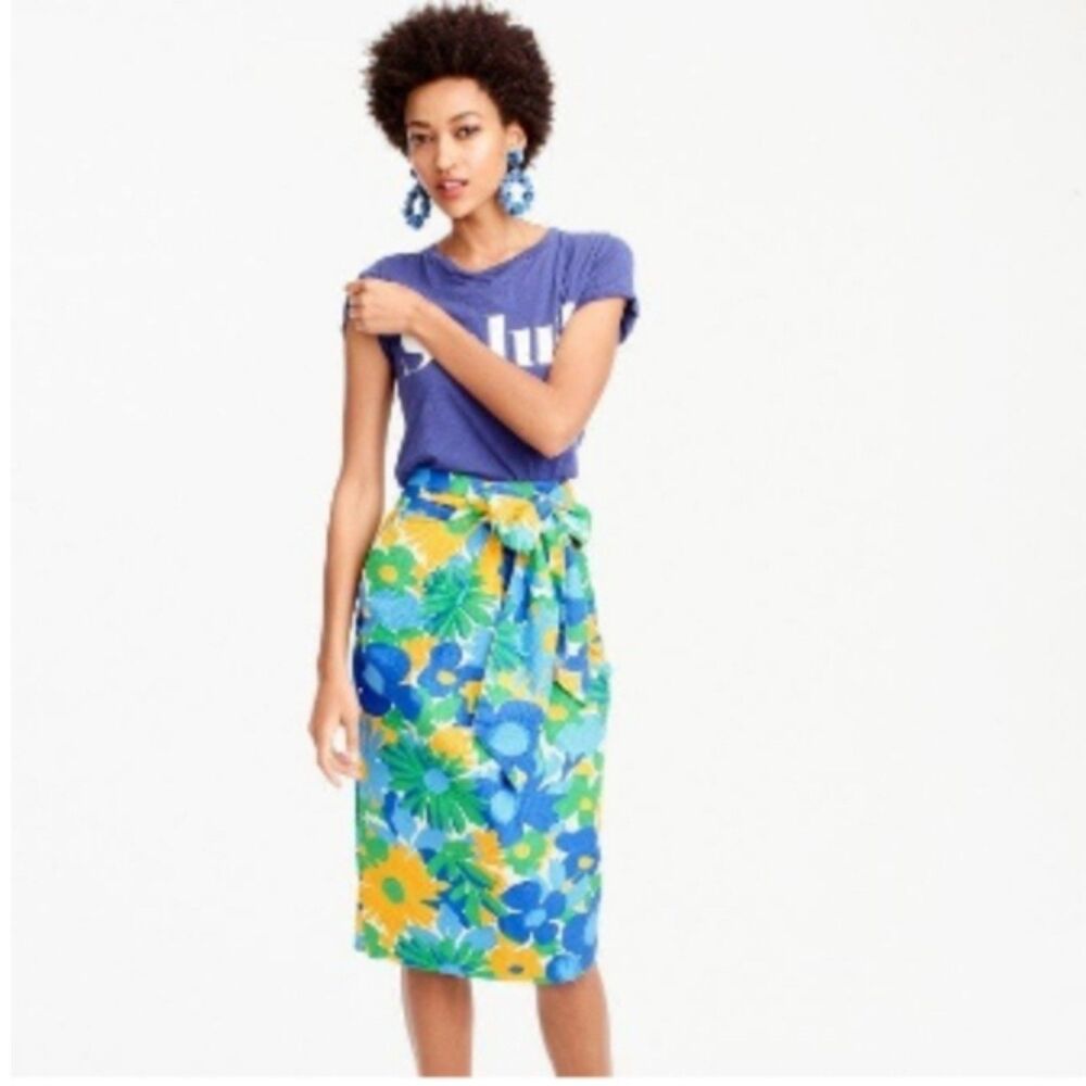 J. Crew Morning Floral Textured Faux Wrap Pencil Skirt w Belt Size 14 EUC